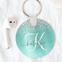 Teal Brushed Metal Silver Glitter Monogram Name