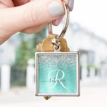 Teal Brushed Metal Silver Glitter Monogram Name Key Ring<br><div class="desc">Easily personalise this trendy chic keychain design featuring pretty silver sparkling glitter on a teal brushed metallic background.</div>