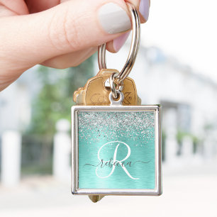 Teal Brushed Metal Silver Glitter Monogram Name Key Ring