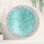 Teal Brushed Metal Silver Glitter Monogram Name Large Clock<br><div class="desc">Easily personalise this trendy chic wall clock design featuring pretty silver sparkling glitter on a teal brushed metallic background.</div>