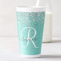 Teal Brushed Metal Silver Glitter Monogram Name