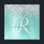 Teal Brushed Metal Silver Glitter Monogram Name Magnet<br><div class="desc">Easily personalize this trendy chic magnet design featuring pretty silver sparkling faux glitter on a teal brushed metallic background.</div>