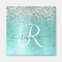 Teal Brushed Metal Silver Glitter Monogram Name