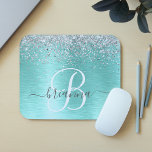 Teal Brushed Metal Silver Glitter Monogram Name Mouse Pad<br><div class="desc">Easily personalize this trendy chic mouse pad design featuring pretty silver sparkling faux glitter on a teal brushed metallic background.</div>