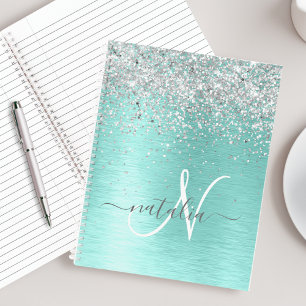Teal Brushed Metal Silver Glitter Monogram Name Notebook