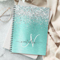 Teal Brushed Metal Silver Glitter Monogram Name