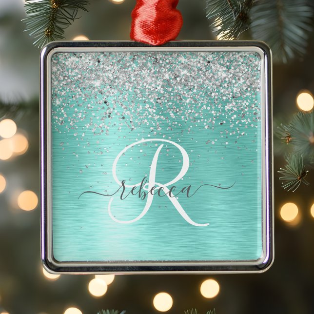  Teal Brushed Metal Silver Glitter Monogram Name Ornament (Creator Uploaded)