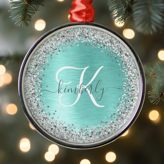 Teal Brushed Metal Silver Glitter Monogram Name Ornament (Creator Uploaded)