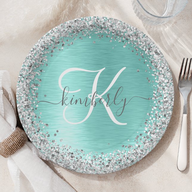Teal Brushed Metal Silver Glitter Monogram Name Paper Plate (Creator Uploaded)