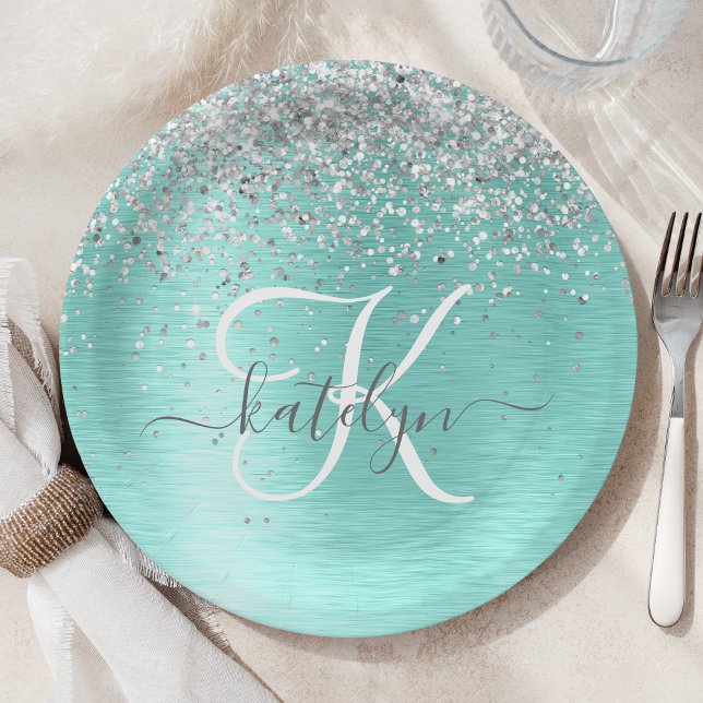 Teal Brushed Metal Silver Glitter Monogram Name Paper Plate (Creator Uploaded)
