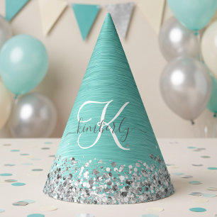 Teal Brushed Metal Silver Glitter Monogram Name Party Hat