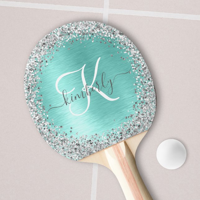 Teal Brushed Metal Silver Glitter Monogram Name Ping Pong Paddle (Creator Uploaded)