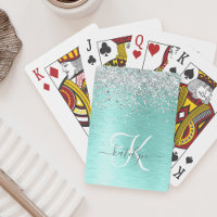 Teal Brushed Metal Silver Glitter Monogram Name