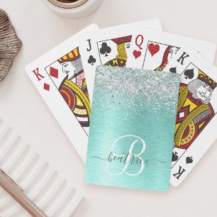 Teal Brushed Metal Silver Glitter Monogram Name Playing Cards
