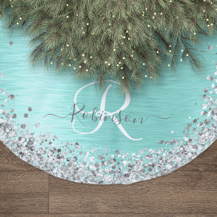 Teal Brushed Metal Silver Glitter Monogram Name Polyester Tree Skirt