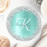 Teal Brushed Metal Silver Glitter Monogram Name Round Paper Coaster<br><div class="desc">Easily personalise this trendy chic coaster design featuring pretty silver sparkling glitter on a teal brushed metallic background.</div>