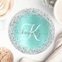 Teal Brushed Metal Silver Glitter Monogram Name