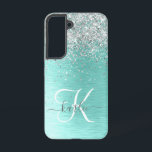 Teal Brushed Metal Silver Glitter Monogram Name Samsung Galaxy Case<br><div class="desc">Easily personalise this trendy chic phone case design featuring pretty silver sparkling glitter on a teal brushed metallic background.</div>