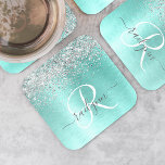 Teal Brushed Metal Silver Glitter Monogram Name Square Paper Coaster<br><div class="desc">Easily personalise this trendy chic paper coaster design featuring pretty silver sparkling glitter on a teal brushed metallic background.</div>
