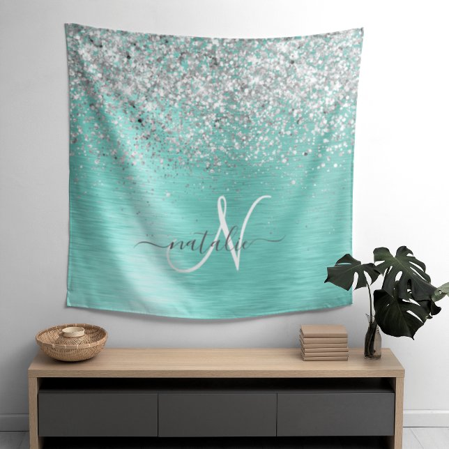 Teal Brushed Metal Silver Glitter Monogram Name Tapestry (Creator Uploaded)