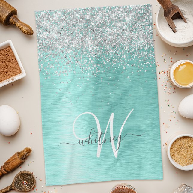 Teal Brushed Metal Silver Glitter Monogram Name Tea Towel (Creator Uploaded)