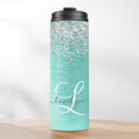 Teal Brushed Metal Silver Glitter Monogram Name