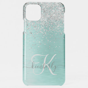 Teal Brushed Metal Silver Glitter Monogram Name iPhone 11 Pro Max Case