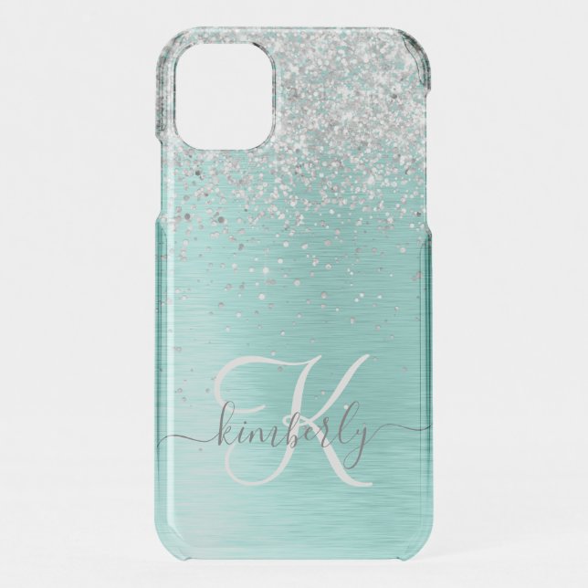 Teal Brushed Metal Silver Glitter Monogram Name Uncommon iPhone Case (Back)