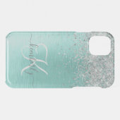 Teal Brushed Metal Silver Glitter Monogram Name Uncommon iPhone Case (Back (Horizontal))