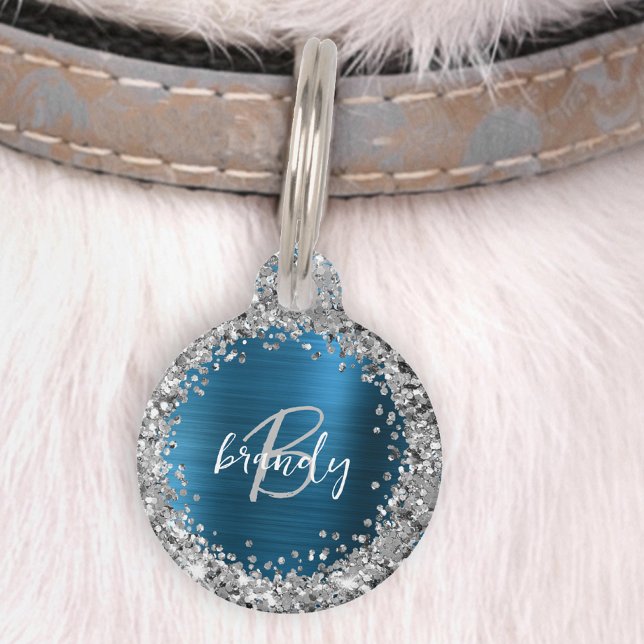 Teal Brushed Metal Silver Glitter Monogram  Pet Tag (Creator Uploaded)