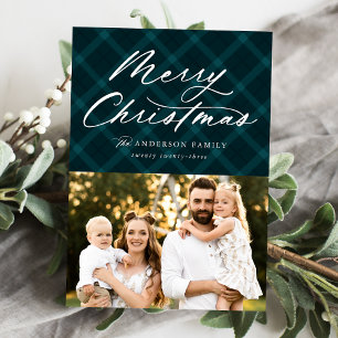 Teal Brushed Plaid Merry Christmas 3 Photo Holiday Card
