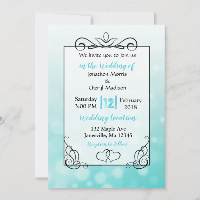 Teal Bubbles Black Script Wedding Invitations (Front)