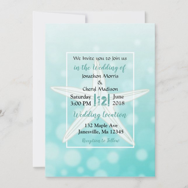Teal Bubbles Starfish Beach  Wedding Invitations (Front)