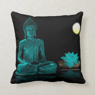 Teal Buddha and Lotus at Night Throw Pillow