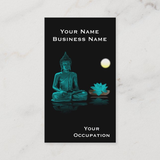 Teal Buddha and Lotus on Black Business Card (Front)