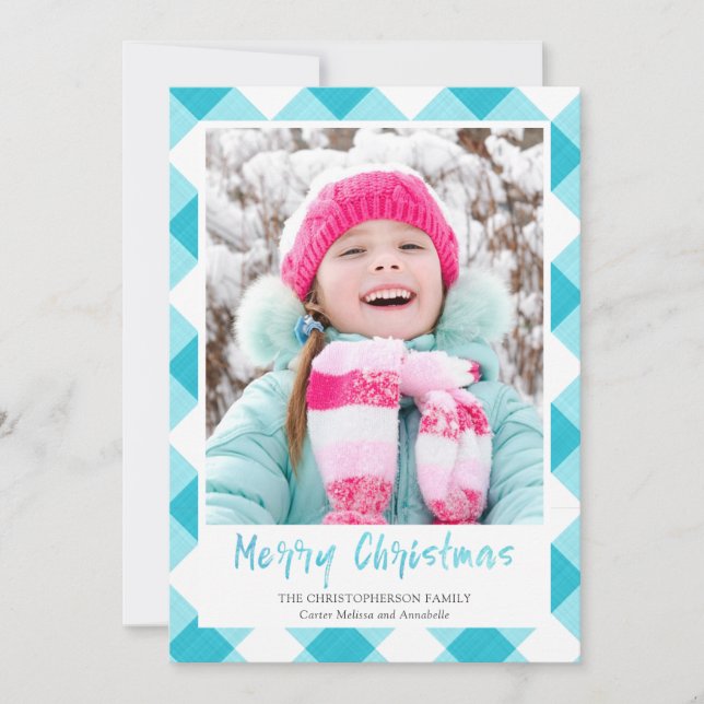 Teal Buffalo Check Brush Script MERRY CHRISTMAS Holiday Card (Front)