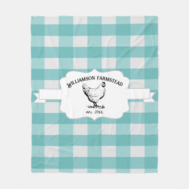 Teal Buffalo Plaid Farm Chicken Fleece Blanket (Front)