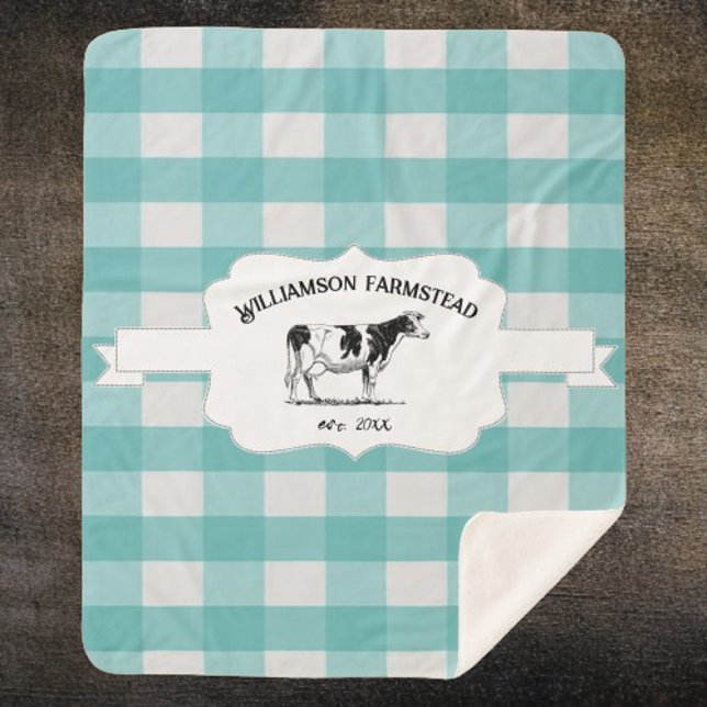 Teal Buffalo Plaid Farm Cow Sherpa Blanket (Teal Buffalo Plaid Farm Cow Personalized Sherpa Blanket)