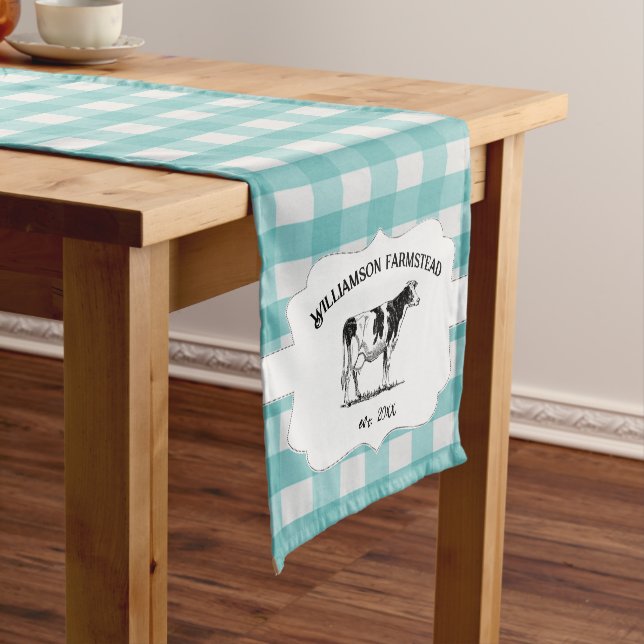 Teal Buffalo Plaid Farm Cow Short Table Runner (In Situ)