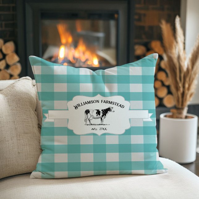 Teal Buffalo Plaid Farm Cow Throw Pillow (Teal Buffalo Plaid Farm Cow Throw Pillow)