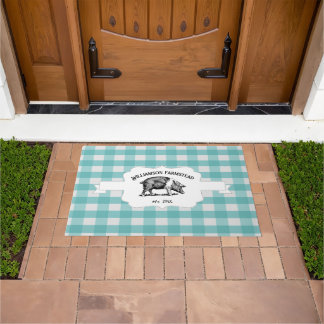 Teal Buffalo Plaid Farm Pig Doormat
