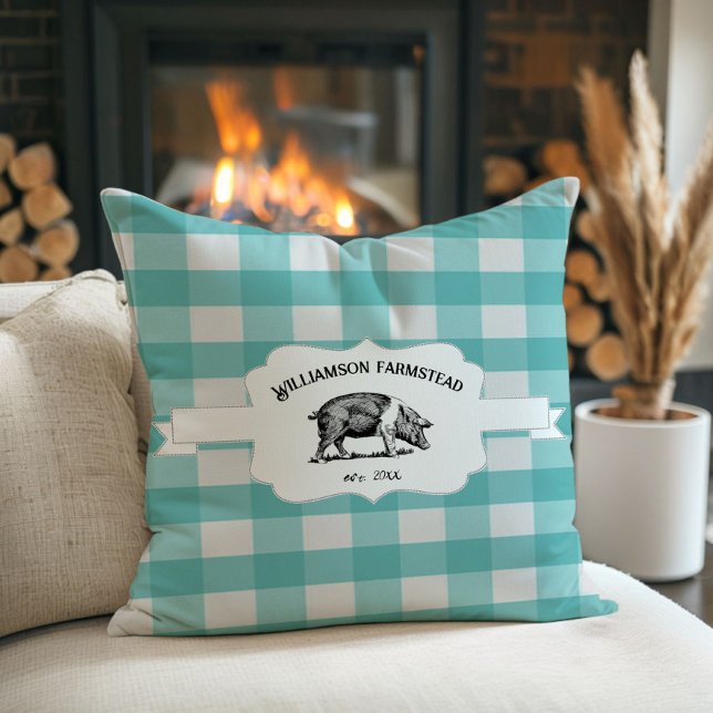 Teal Buffalo Plaid Farm Pig Throw Pillow (Teal Buffalo Plaid Farm Pig Throw Pillow)