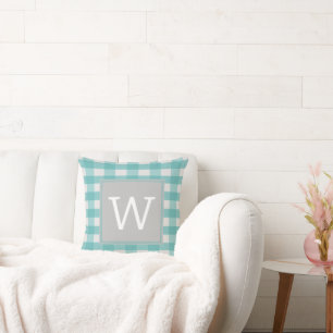 Teal Buffalo Plaid Monogram Throw Pillow