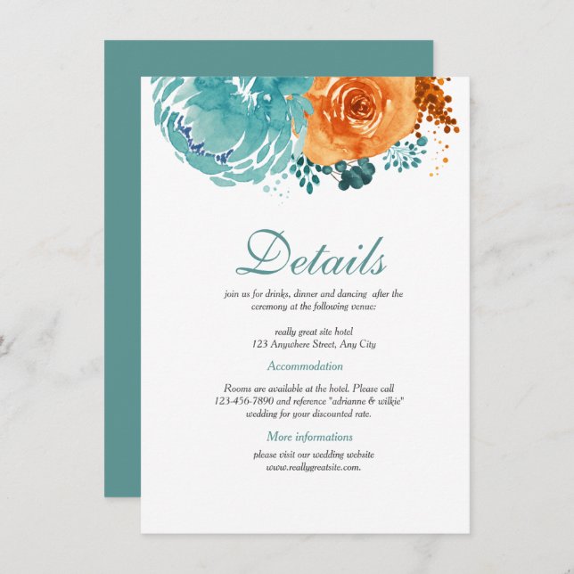 Teal Bunrt Orange Floral Fall Wedding Details Enclosure Card (Front/Back)