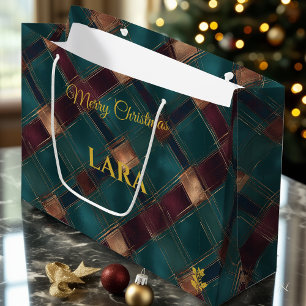 Teal, Burgundy, and Bronze Diamond Plaid Christmas Large Gift Bag