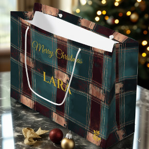 Teal, Burgundy, and Bronze Distressed Plaid Custom Large Gift Bag