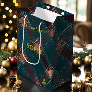 Teal, Burgundy, and Brown Plaid Christmas Custom Medium Gift Bag