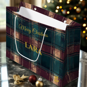 Teal, Burgundy, and Cream Distressed Plaid Custom  Large Gift Bag