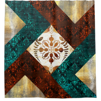 Teal, Burgundy and Gold Geometric Damask  Shower Curtain