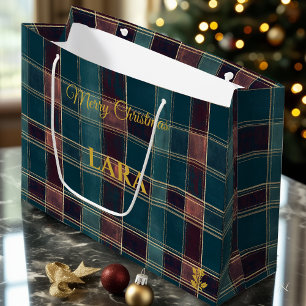 Teal, Burgundy, and Gold Plaid Christmas Gift Bag 
